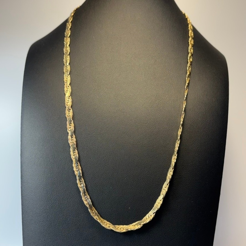 Vintage Italy Necklace Gold Braided Herringbone Chain Statement Minimalist 90s